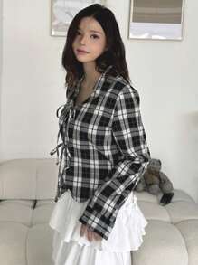 DAZY Women's Regular Collar Black & White Plaid Long Sleeve Bowknot Blouse, Spring/Summer/Autumn Cute Tops