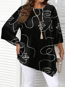 EMERY ROSE Casual Minimalist All-Over Abstract Line Face Print Plus Size Shirt, Suitable For Autumn/Winter