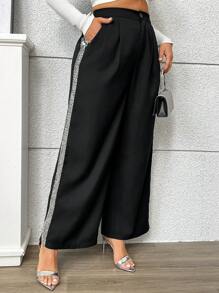 Flirla Plus Size Women Casual Sequin Patchwork Pants - Black - View 3