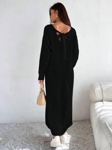 EURMUSE Satin Ribbon Detail On Back Dress Elegant Cute Simple Casual Street - Black - View 4
