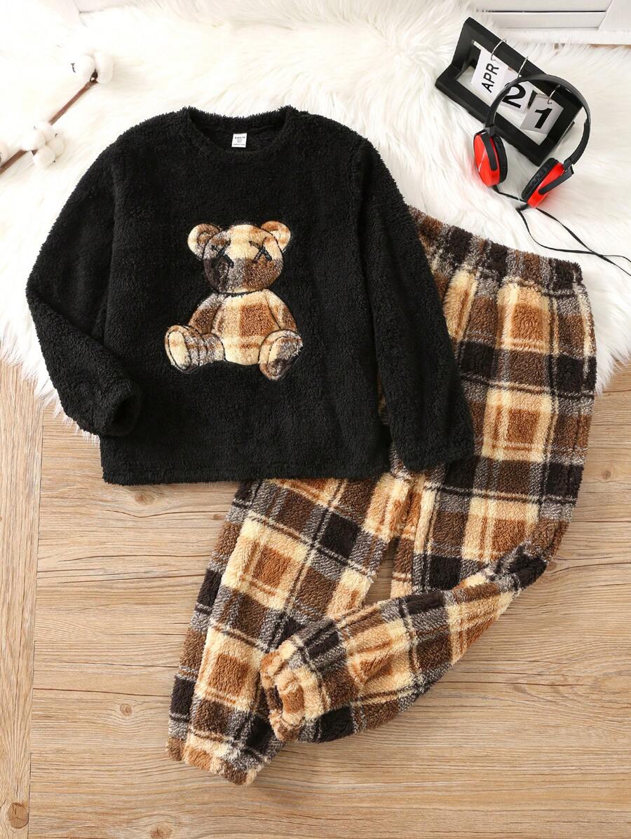 SHEIN Leap Crew Bộ 2 áo nỉ thêu hình chú gấu và quần ngủ kẻ caro cho bé trai tuổi mới lớn, Thu/Đông - Nhiều màu - Xem 1