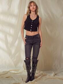WESTFADE Spring Corduroy Studded Embellished Tank Top Button Front Cropped Western Nashville Outfits