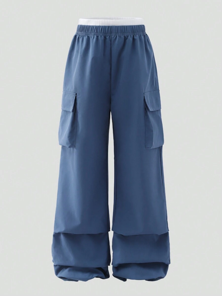 Tween Girls Cargo Pants In Dusty Blue,Autumn Casual School Back-To-School Retro Style With Side Pockets And Elastic Cuffs For Outdoor Activities - Blue - View 1