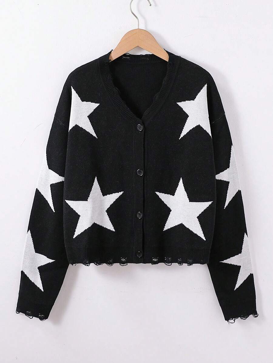 SHEIN Explorewe Teen Girl Star Jacquard Distressed Hem Cardigan Sweater, Suitable For Autumn/Winter - Black - View 1