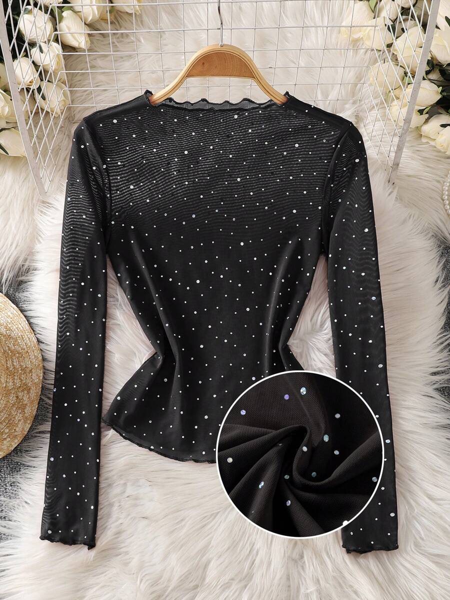 SHEIN Clasi 透明亮片网眼长袖女式衬衫 - 黑色 - 查看 1