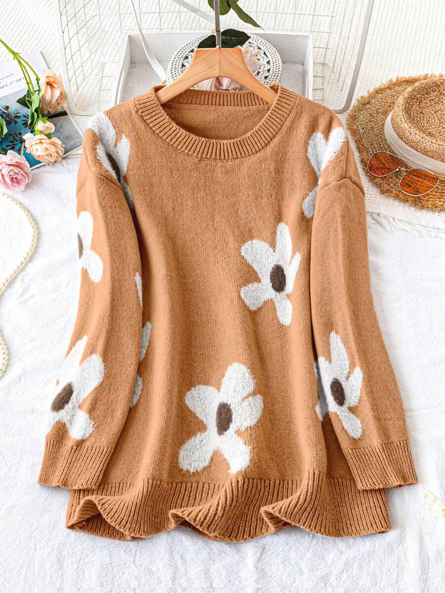 SHEIN LUNE Damen Große Größen Floral Jacquard Loose Langarm Pullover Strick Pulli Herbst Winter - Kamelfarben - Übersicht 1