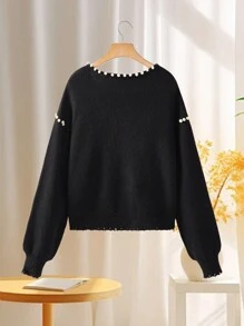 Seusyu Women's Casual Pearl Decorated Cardigan, Autumn/Winter - Black - View 2