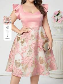 SHEIN Belle Plus Size Elegant Pink Satin & Jacquard Fabric Patchwork Cap Sleeve Dress With U-Neck For Cocktail Party Prom Semi Formal Wedding Guest Dress, For Birthday, Graduation, Dinner, Homecoming