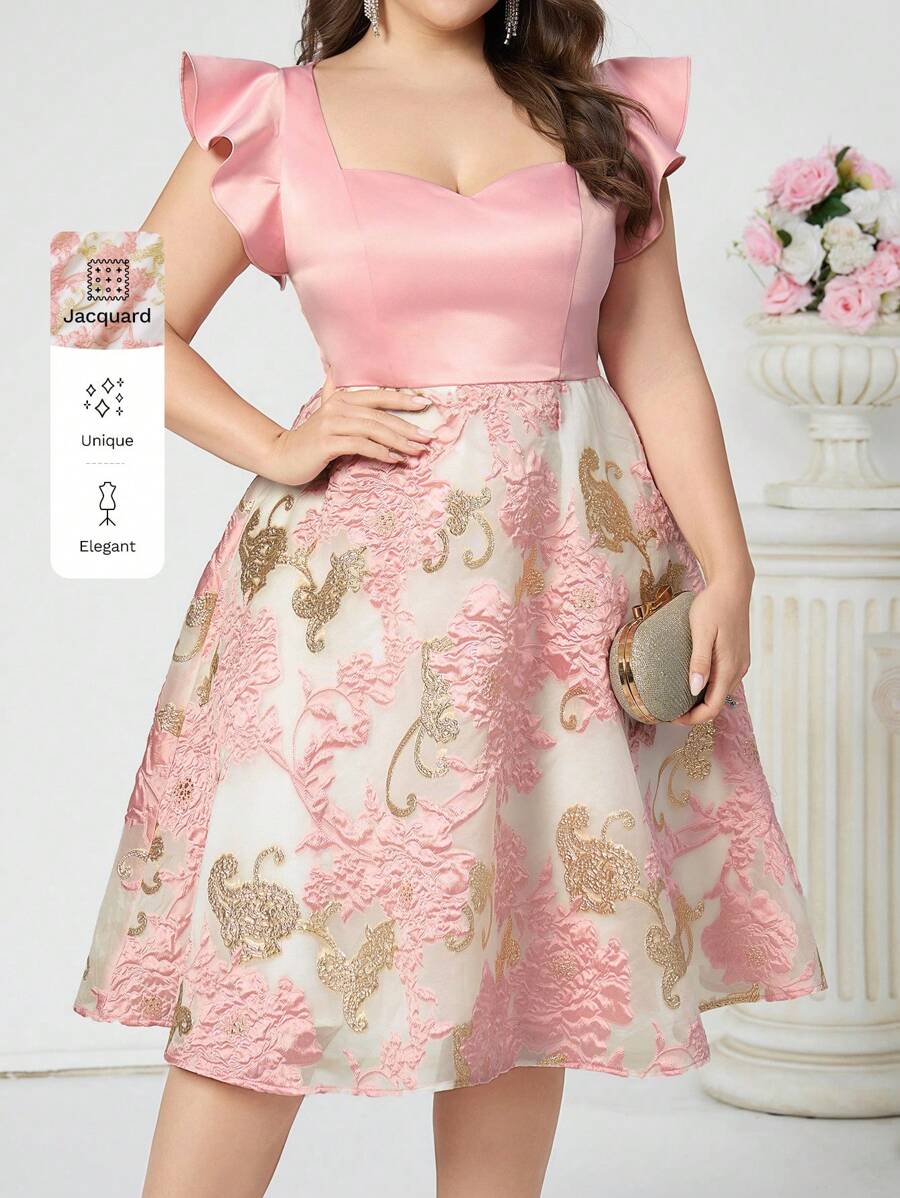SHEIN Belle Plus Size Elegant Pink Satin & Jacquard Fabric Patchwork Cap Sleeve Dress With U-Neck For Cocktail Party Prom Semi Formal Wedding Guest Dress, For Birthday, Graduation, Dinner, Homecoming