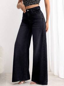 SHEIN Essnce Jeans anchos casuales sencillos con bolsillos y botones frontales para mujer