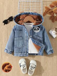 SHEIN Baby Girls Casual Thick Teddy Fleece Warm Autumn/Winter Panda Pattern Hoodie Denim Jacket With Bear Ears Decor - Medium Wash - View 1