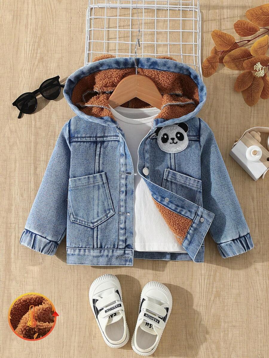 SHEIN Baby Girls Casual Thick Teddy Fleece Warm Autumn/Winter Panda Pattern Hoodie Denim Jacket With Bear Ears Decor - Medium Wash - View 1