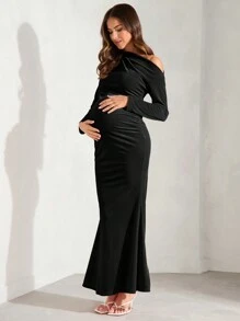 MaterniChic Maternity Asymmetric Neck Ruched Mermaid Hem Dress, Autumn - Black - View 1