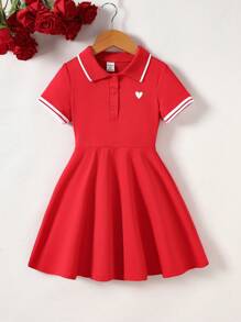 SHEIN Elladie kids 女童简约纯色 Polo 领爱心印花短袖连衣裙