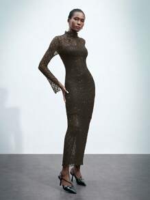 Maija Autumn/Winter New Urban Elegant Holiday Party Daily Casual Lace Midi Sweater Dress, Waisted - Brown - View 4