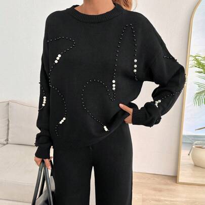 Set da 2 pezzi intimo in maglia con perle, strass e ricamo - maglione + pantalone