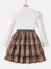 SHEIN 青少年女孩泡泡袖高领 T 恤和格子蛋糕裙两件套 - 彩色 - 查看 2