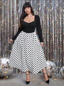 Franclia Plus Size Women Vintage Polka Dot Long Sleeve Dress, Black And White, Autumn