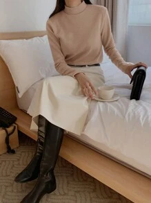 DAZY Women Stand Collar Long Sleeve Solid Color Casual T-Shirt, Fashionable And Suitable For Daily Wear