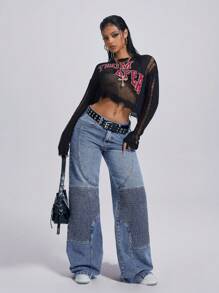 SHEIN ICON Women's Low-Waisted Embroidered Vintage Straight Leg Jeans Low Rise Straight Leg Jeans - Medium Wash - View 3