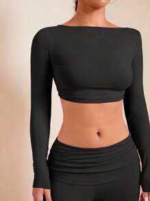 SHEIN SXY 2 piezas Conjunto de top casual de manga larga y cuello redondo de color liso, y pantalones para mujer