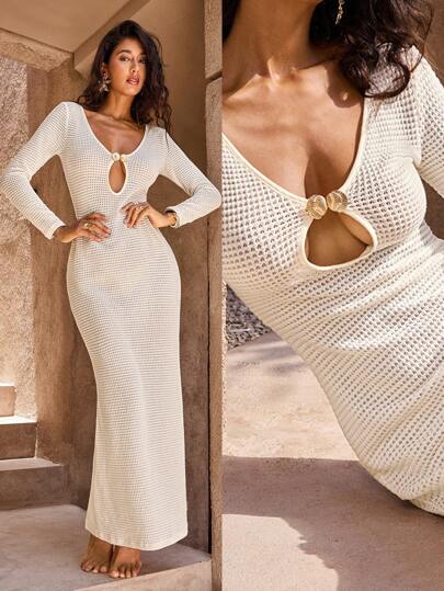 Opulessa 1 pieza Vestido de fiesta formal de punto de un solo color con cuello en V y manga larga con cola de pez para mujer, para vacaciones en otoño e invierno, boda, fiesta de cócteles y navidad