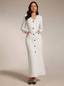 Modelyn Abito lungo elegante da donna con scollo a V, manica lunga, monopetto, in tinta unita, abiti da sera - Beige - Visualizzare 4