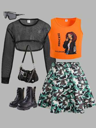 Girls Camo Print Top, enfärgad kjol och orange linne 3st Set