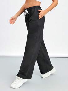 Women's Loose Fit Straight Leg Drawstring Sports Pants With Pockets - Black - View 7