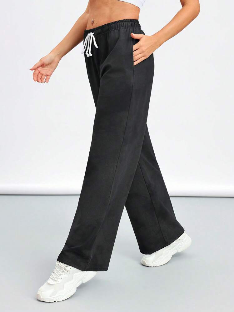 Women's Loose Fit Straight Leg Drawstring Sports Pants With Pockets - Black - View 7