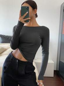 DAZY 女士纯色紧身网眼拼接露背长袖 T 恤上衣 - 灰色 - 查看 2