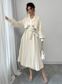 Chiquease Women's Autumn/Winter French Elegant Lapel Buttoned Waist Tie Ruched Hem Trench Coat - Apricot - View 7