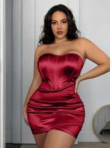 SHEIN SXY 1pc Solid Color Plus Size Casual Short Strapless Dress, Everyday Wear - Burgundy - View 1