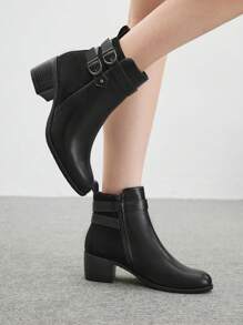 CUCCOO BIZCHIC Fashionable Basic Comfy Commuting Black Faux Suede Patchwork Block Heel Ankle Boots For Christmas And New Year Holiday Vibe Fall And Winter Valentines - Black - View 5