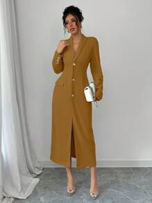Elenzga Women's Front Button Long Sleeve Pocket Minimalist Casual Long Jacket
