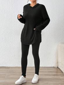SHEIN Essnce Women Outfit Sets Black Velvet Sweatshirt Hooded Long-Sleeved Warm Tight Leggings Women's Casual Striped Hooded Top Leggings Winter - Black - View 4