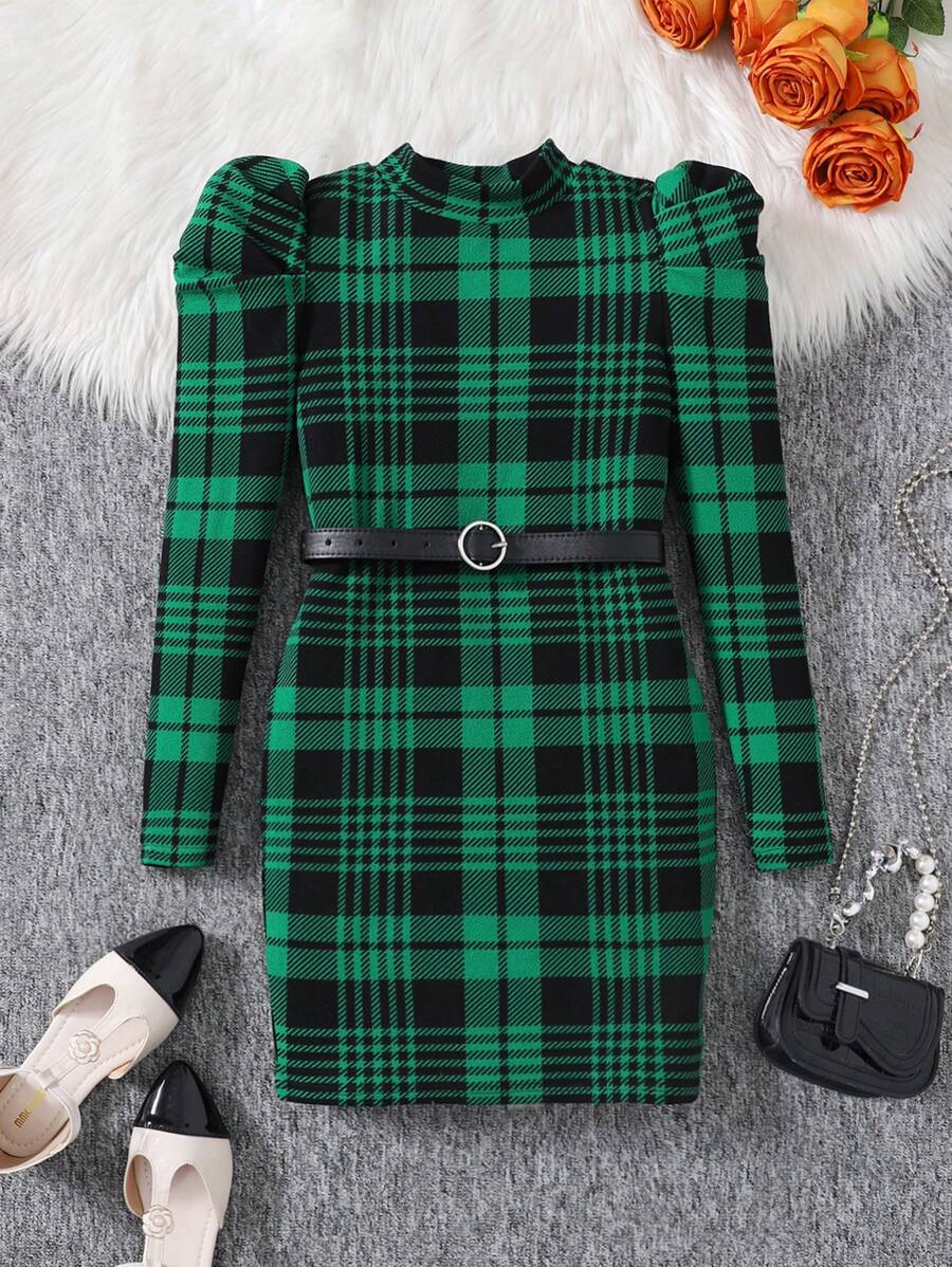 Đầm len bó sát tay bồng cổ đứng kẻ caro thường ngày cho bé gái tuổi teen - màu xanh lá - Xem 1