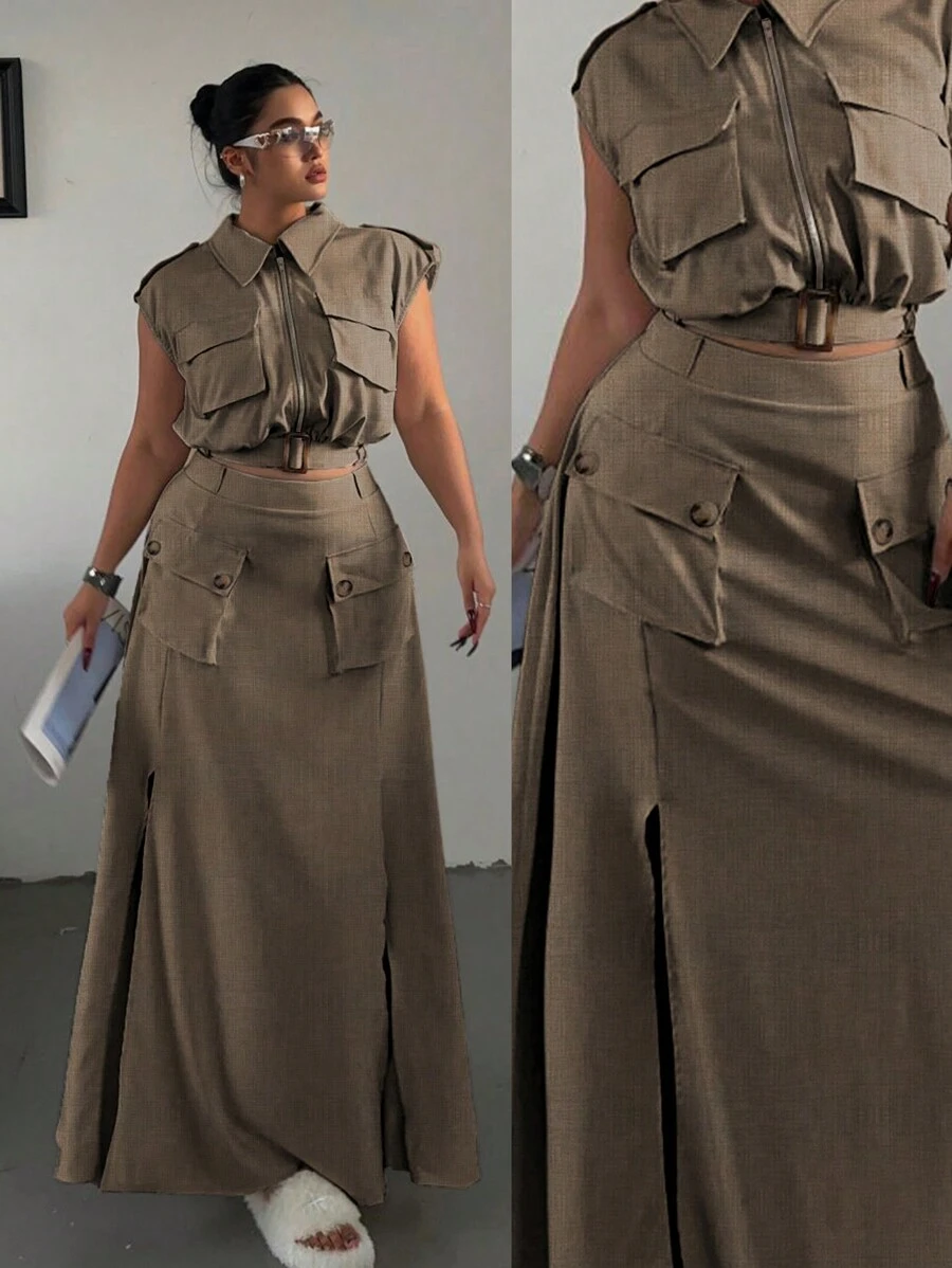 POPSWAY 2 Peças/Conjunto Cropped Top sem Mangas com Zíper e Saia com Bainha Fendida