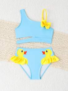 Conjunto de bikini lindo con estampado de patitos y lazo decorativo para niñas pequeñas, ideal para playa y vacaciones