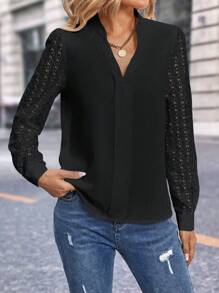 SHEIN Clasi Women V-Neck Long Sleeve Shirt, Solid Color, Casual And Fashionable For Daily Wear