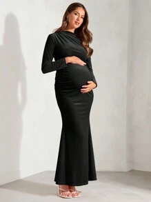 MaterniChic Maternity Asymmetric Neck Ruched Mermaid Hem Dress, Autumn - Black - View 3