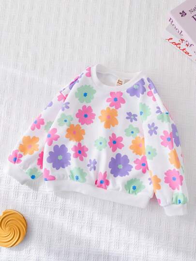 Cozy Pixies Baby Girl Colorful Floral Soft Knitted Dropped Shoulder Crew Neck Long Sleeve Sweatshirt,In Fall/Winter