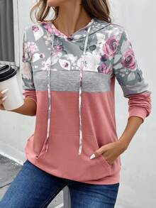 EMERY ROSE 女士长袖拼布印花色块针织连帽衫