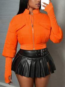 Slaydiva Women's Casual Solid Color Cropped Padded Coat, Autumn/Winter - Orange - View 1