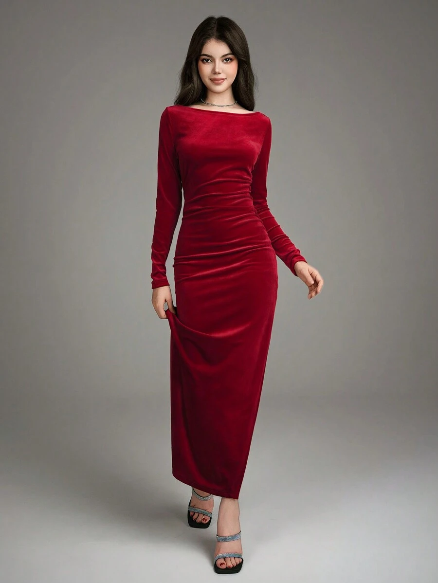 Teen Girl Elegant Off-Shoulder Velvet Long Dress For Teenage Girls, Christmas Holiday - Red - View 1