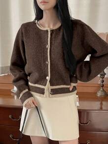 DAZY 休闲女士 V 领纽扣长袖毛衣开衫，适合秋冬季，秋季女装