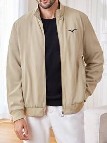 Manfinity Homme Men's Khaki Corduroy Jacket,Autumn Bird Embroidery Stand Collar Lightweight Jacket,Smart Casual Hiking Long Sleeve Warm Outerwear Gifts For Husband - Apricot - View 1