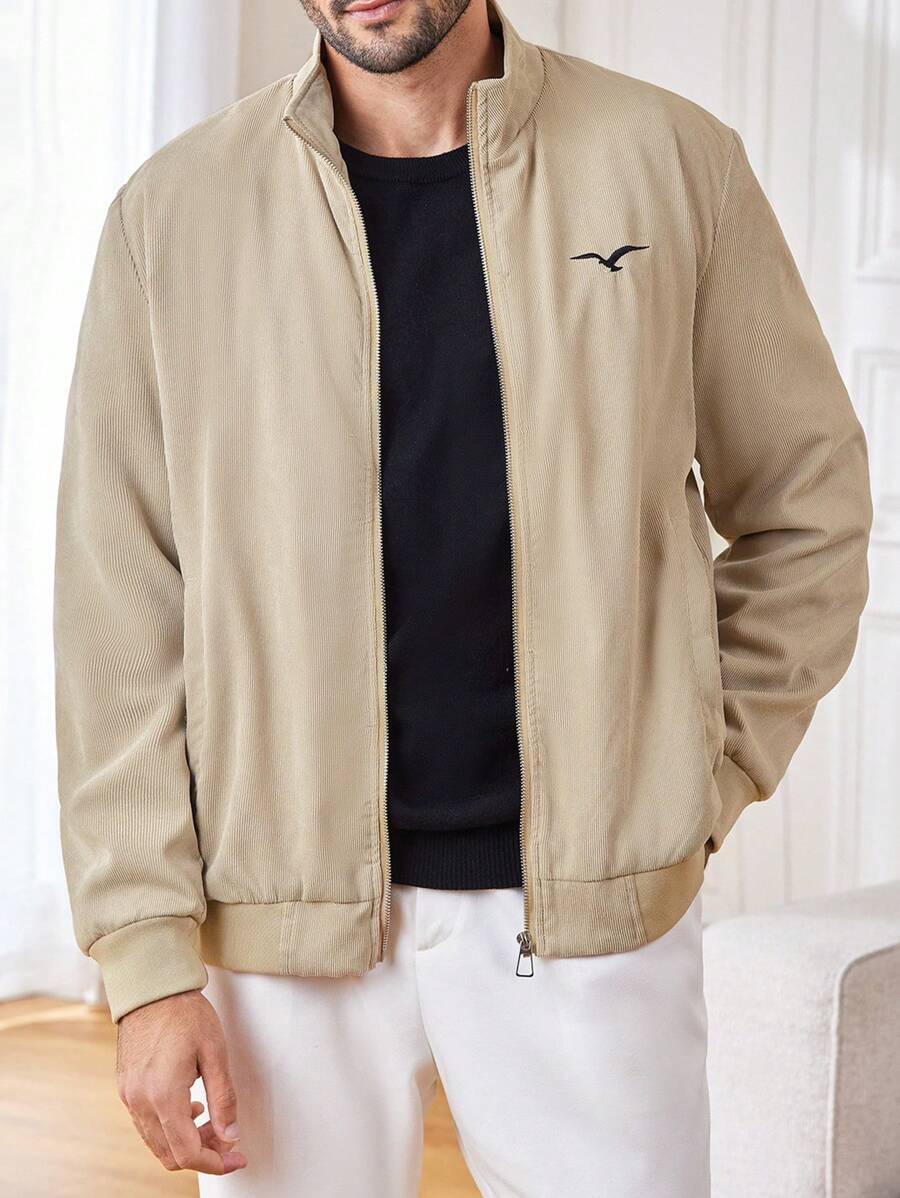 Manfinity Homme Men's Khaki Corduroy Jacket,Autumn Bird Embroidery Stand Collar Lightweight Jacket,Smart Casual Hiking Long Sleeve Warm Outerwear Gifts For Husband - Apricot - View 1