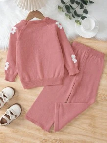SHEIN Jong meisje bloemenpatroon ronde hals lange mouw gebreide trui en broek set, casual