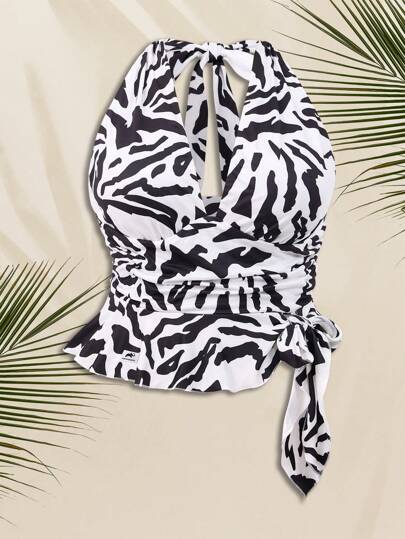 Animal Planet X SHEIN 大码性感 V 领斑马纹荷叶边下摆黑白挂脖背心，冬季